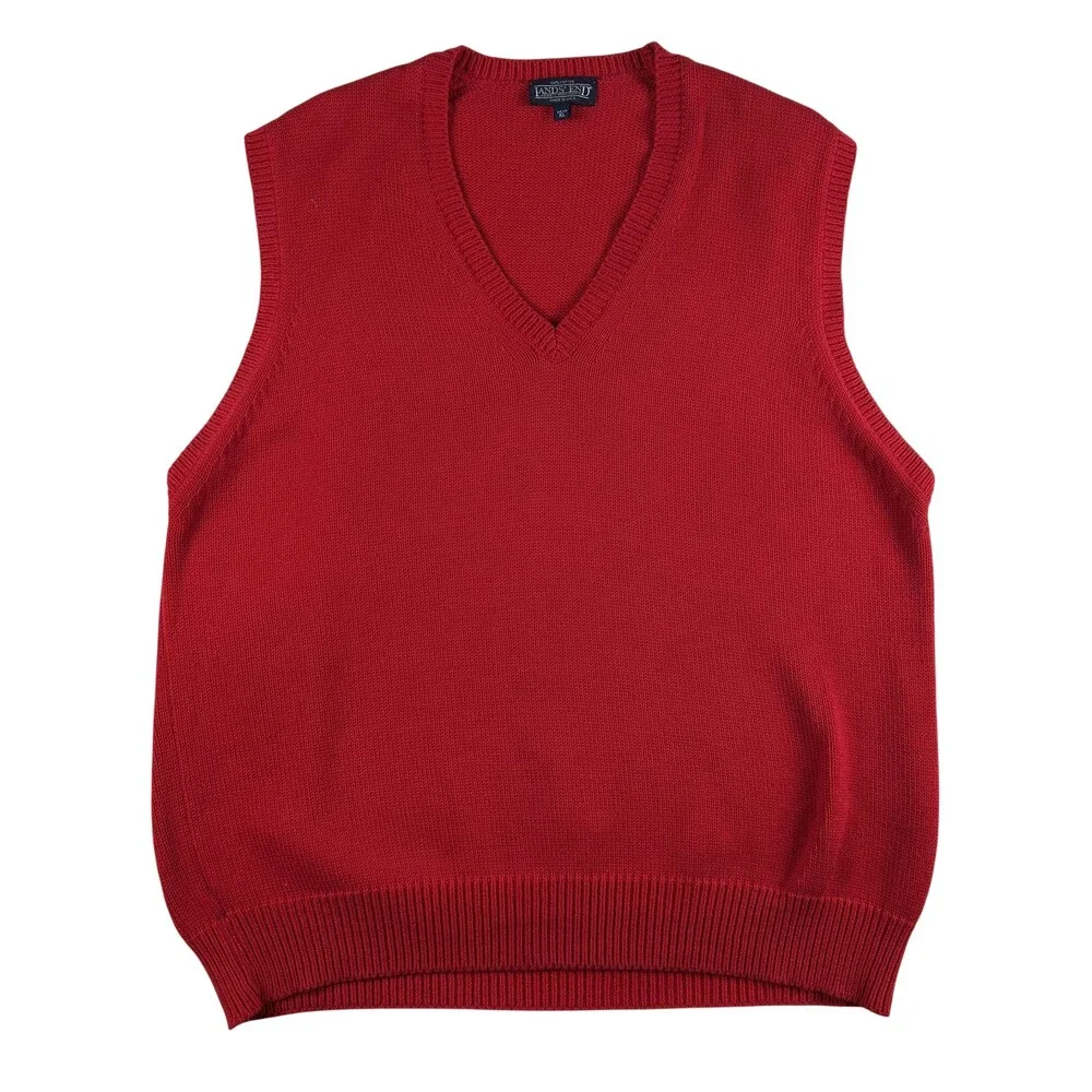 Vintage Lands' End Sweater Vest Mens XL Red Cotton Knit V Neck Pullover USA 90s